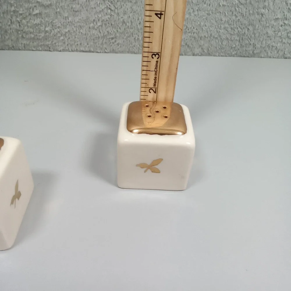 Vintage White Ceramic Cube Salt‎ and Pepper Shakers Gold Butterfly MCM Decor
